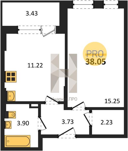 1—комн. квартира, 38.05 кв.м, 6/24 этаж