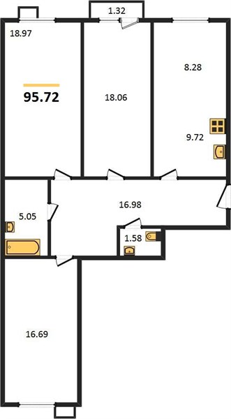 3—комн. квартира, 95.72 кв.м, 2/10 этаж