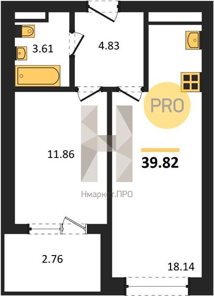 1—комн. квартира, 39.82 кв.м, 4/28 этаж