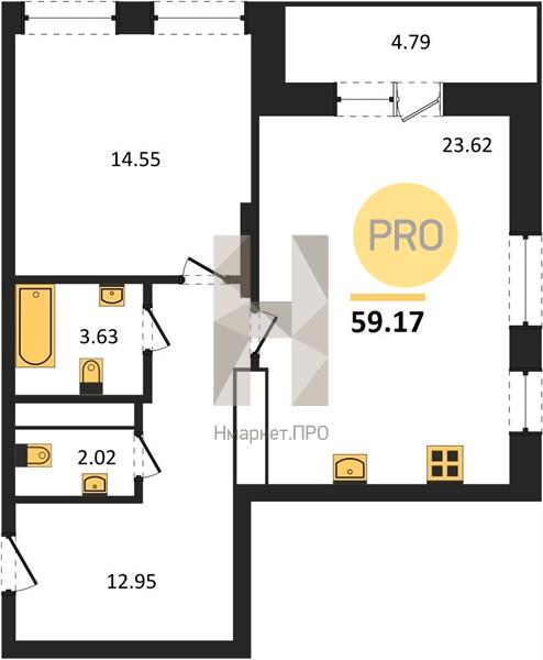 1—комн. квартира, 59.17 кв.м, 9/25 этаж