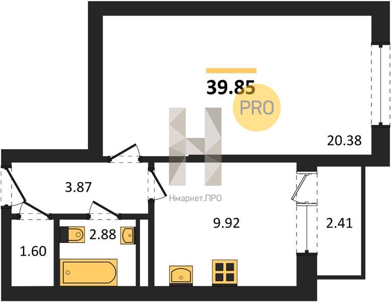 1—комн. квартира, 39.85 кв.м, 6/19 этаж