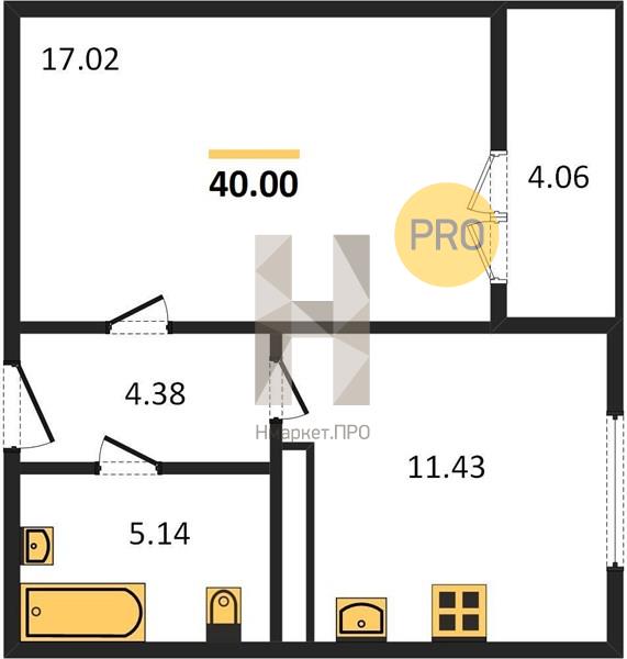 1—комн. квартира, 40 кв.м, 15/20 этаж
