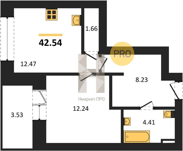 1—комн. квартира, 42.54 кв.м, 2/9 этаж
