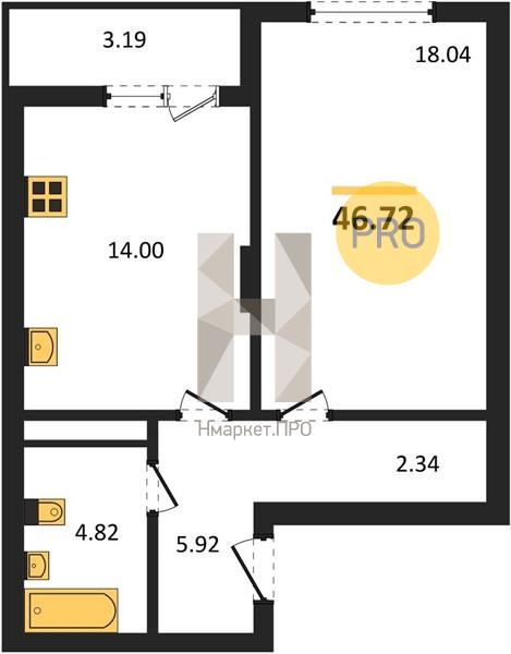 1—комн. квартира, 46.72 кв.м, 5/9 этаж