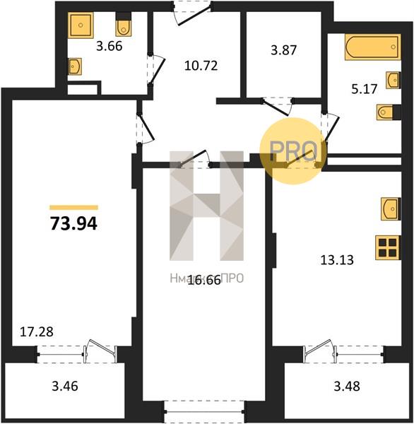 2—комн. квартира, 73.94 кв.м, 7/24 этаж
