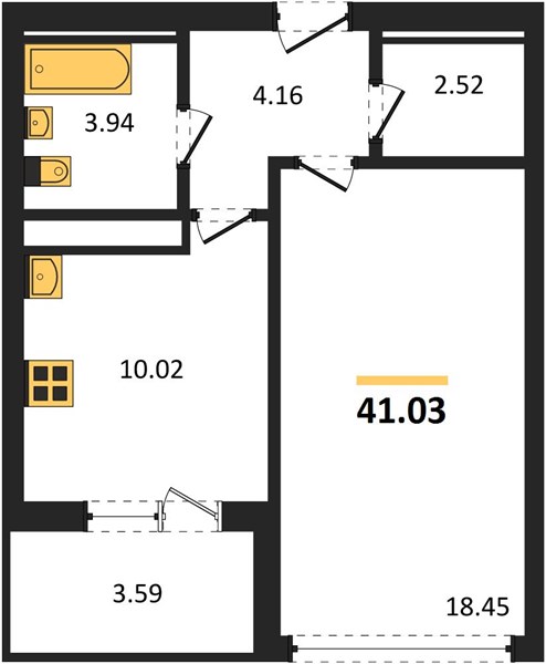 1—комн. квартира, 41.03 кв.м, 6/31 этаж