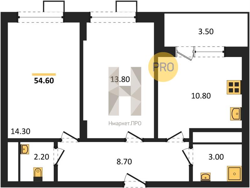 2—комн. квартира, 54.6 кв.м, 9/11 этаж