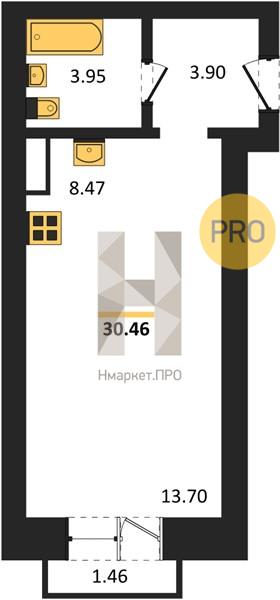 1—комн. квартира, 30.46 кв.м, 2/10 этаж