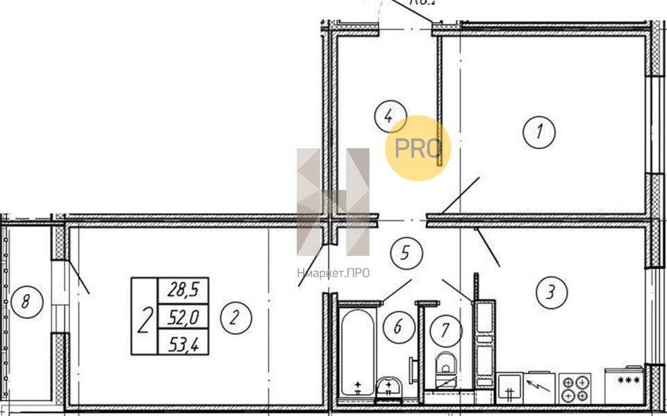 2—комн. квартира, 53.4 кв.м, 6/17 этаж