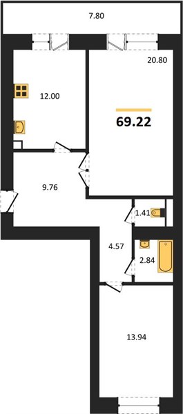 2—комн. квартира, 70.4 кв.м, 15/16 этаж
