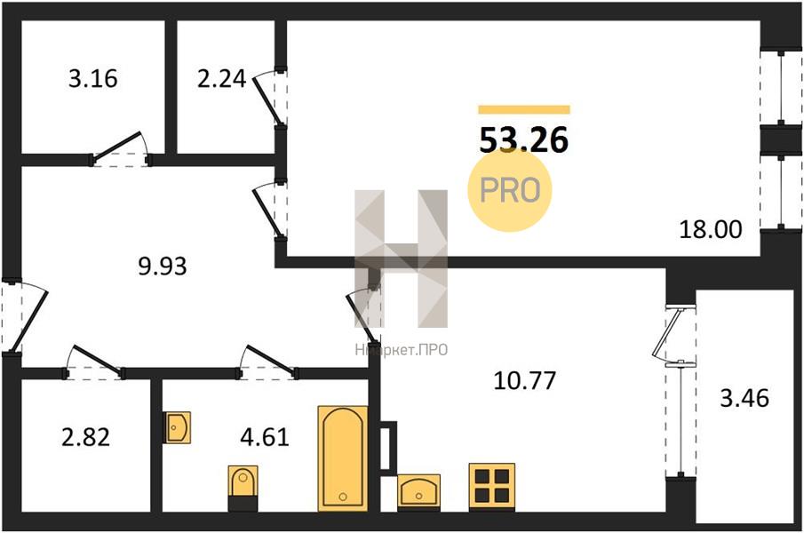 1—комн. квартира, 53.26 кв.м, 2/21 этаж