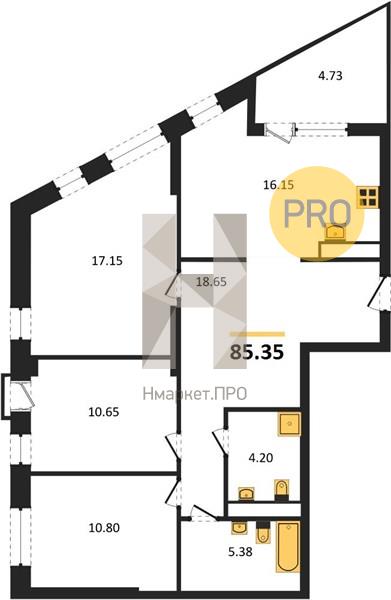 3—комн. квартира, 85.35 кв.м, 2/21 этаж