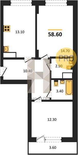 2—комн. квартира, 58.6 кв.м, 12/13 этаж