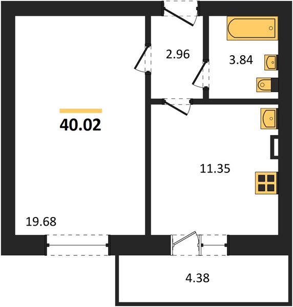 1—комн. квартира, 40.02 кв.м, 2/4 этаж
