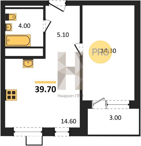 1—комн. квартира, 39.7 кв.м, 3/11 этаж