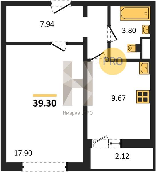 1—комн. квартира, 39.3 кв.м, 3/15 этаж