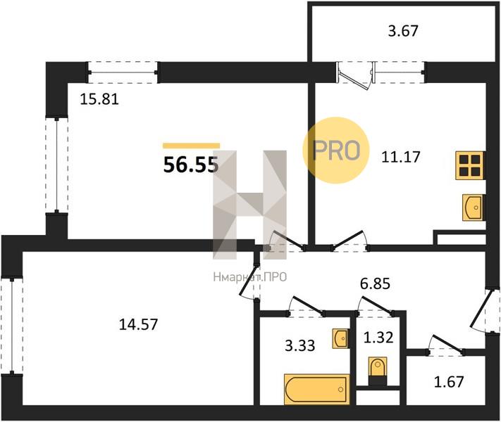 2—комн. квартира, 56.55 кв.м, 17/19 этаж