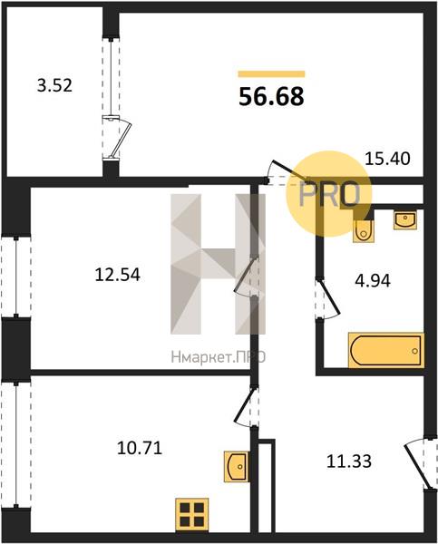 2—комн. квартира, 56.68 кв.м, 13/21 этаж