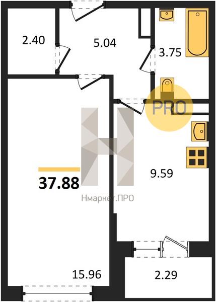 1—комн. квартира, 37.88 кв.м, 20/20 этаж