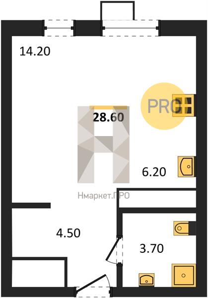 Квартира, 28.6 кв.м, 2/13 этаж