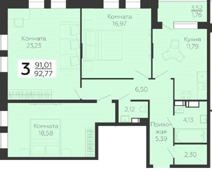 3—комн. квартира, 92.77 кв.м, 16/23 этаж