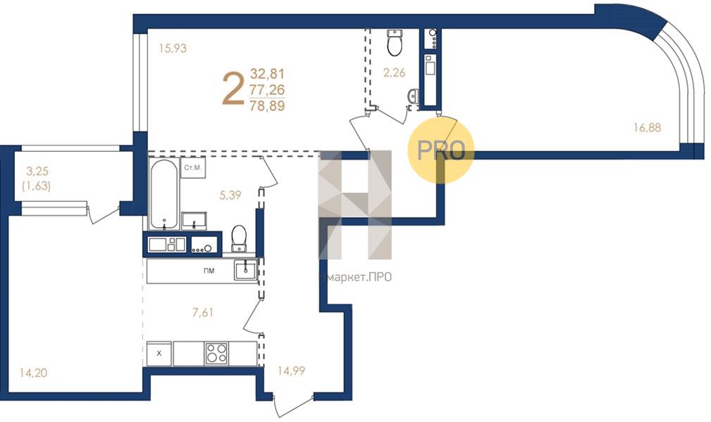 2—комн. квартира, 78.89 кв.м, 3/17 этаж