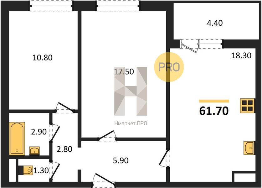 2—комн. квартира, 61.7 кв.м, 9/18 этаж