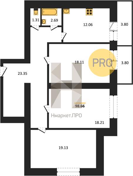 3—комн. квартира, 100.2 кв.м, 13/16 этаж