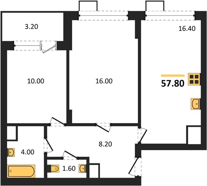 2—комн. квартира, 57.8 кв.м, 5/13 этаж