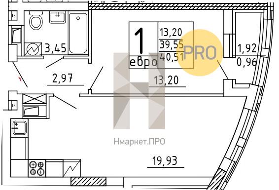 1—комн. квартира, 40.51 кв.м, 2/18 этаж