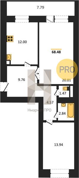 2—комн. квартира, 69.9 кв.м, 16/16 этаж