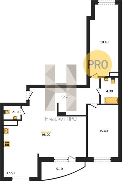 2—комн. квартира, 98 кв.м, 5/18 этаж