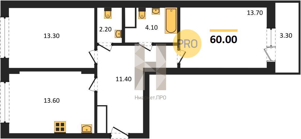 2—комн. квартира, 60 кв.м, 5/13 этаж