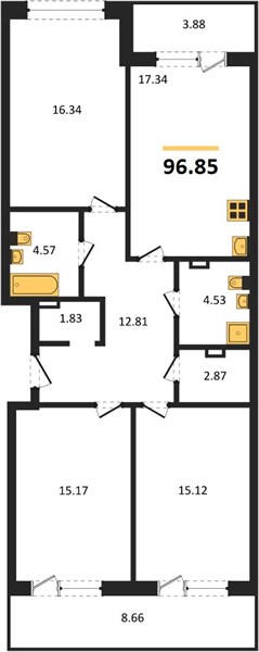 3—комн. квартира, 96.85 кв.м, 9/24 этаж