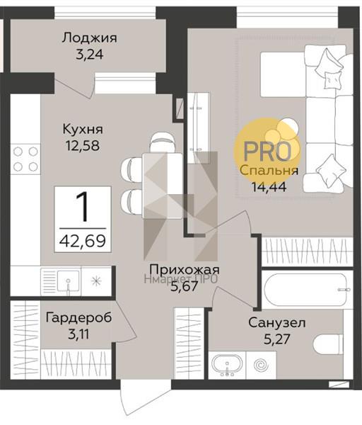 1—комн. квартира, 42.69 кв.м, 3/12 этаж