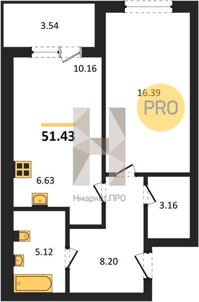 1—комн. квартира, 51.43 кв.м, 2/18 этаж