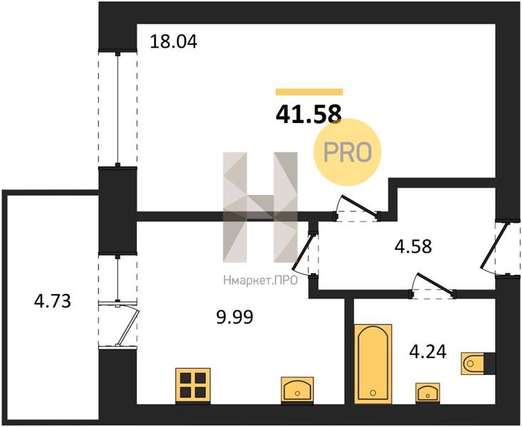 1—комн. квартира, 41.58 кв.м, 9/9 этаж