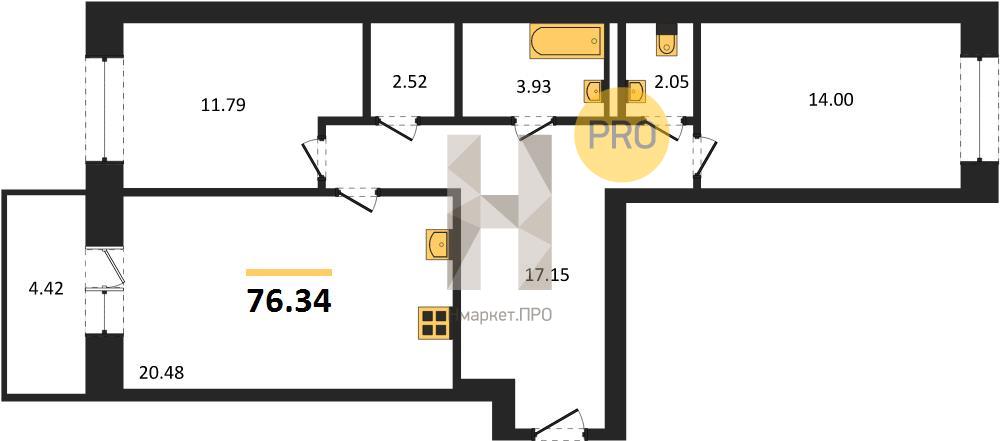2—комн. квартира, 76.34 кв.м, 3/9 этаж