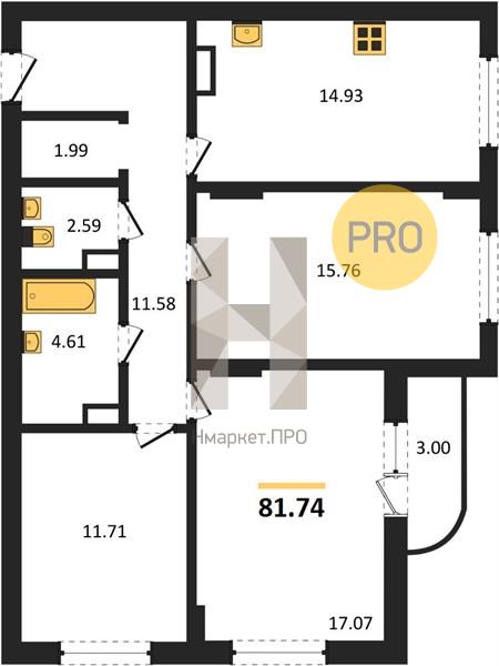 3—комн. квартира, 81.74 кв.м, 9/9 этаж