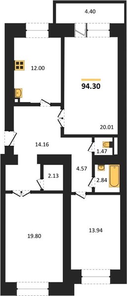 3—комн. квартира, 94.3 кв.м, 1/16 этаж