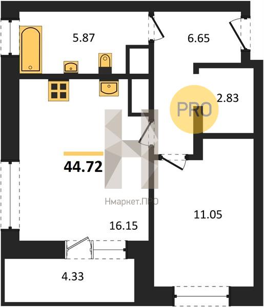1—комн. квартира, 44.72 кв.м, 22/25 этаж