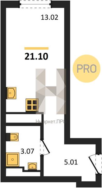1—комн. квартира, 21.1 кв.м, 5/27 этаж