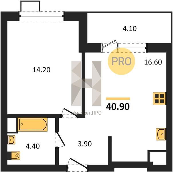 1—комн. квартира, 40.9 кв.м, 9/13 этаж