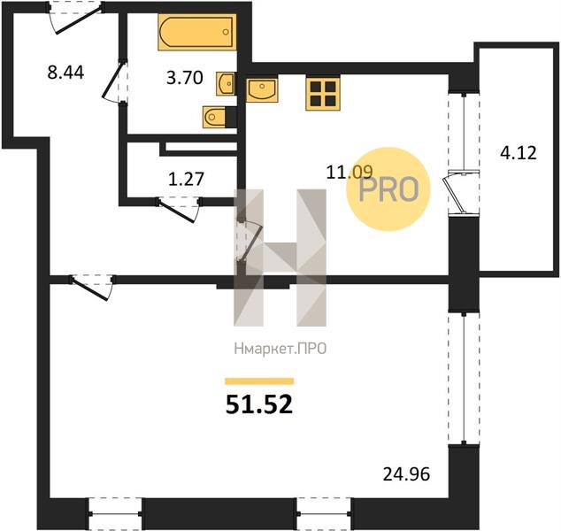 1—комн. квартира, 51.52 кв.м, 16/24 этаж