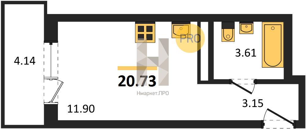 Квартира, 20.73 кв.м, 17/19 этаж
