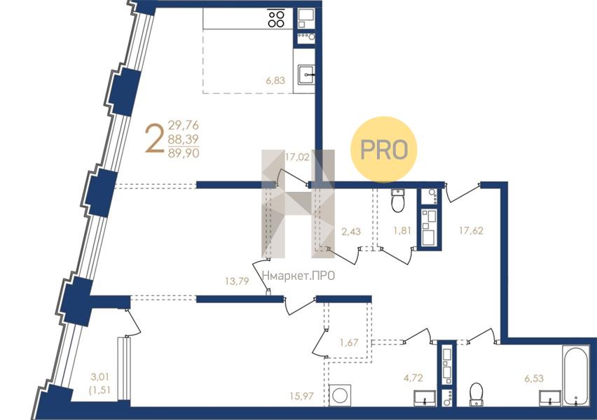 2—комн. квартира, 89.9 кв.м, 3/17 этаж
