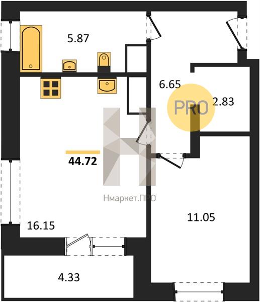 1—комн. квартира, 44.72 кв.м, 22/25 этаж