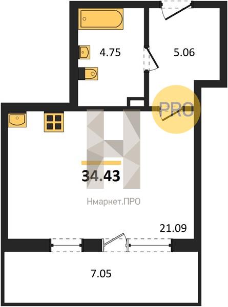 Квартира, 34.43 кв.м, 13/24 этаж