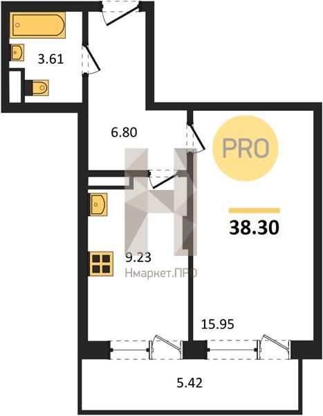 1—комн. квартира, 38.3 кв.м, 2/19 этаж