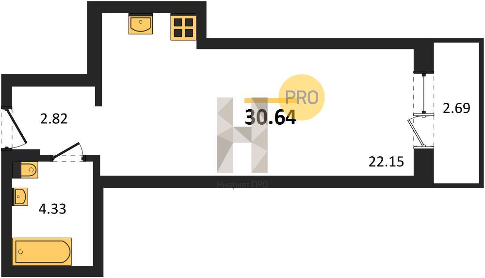 Квартира, 30.64 кв.м, 13/19 этаж